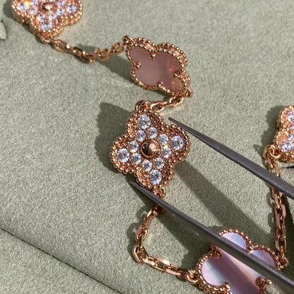 [RAFFINE]CLOVER 10 MOTIFS DIAMOND PINK MOP NECKLACE