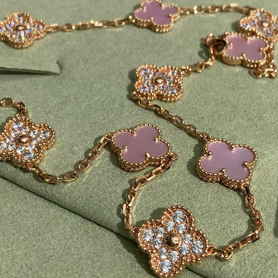 [RAFFINE]CLOVER 10 MOTIFS DIAMOND PINK MOP NECKLACE