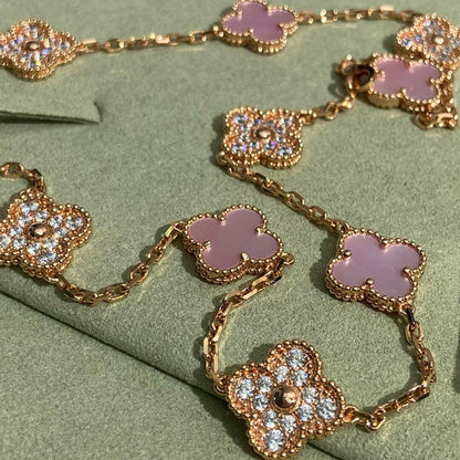 [RAFFINE]CLOVER 10 MOTIFS DIAMOND PINK MOP NECKLACE