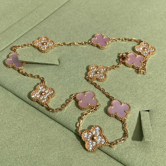 [RAFFINE]CLOVER 10 MOTIFS DIAMOND PINK MOP NECKLACE