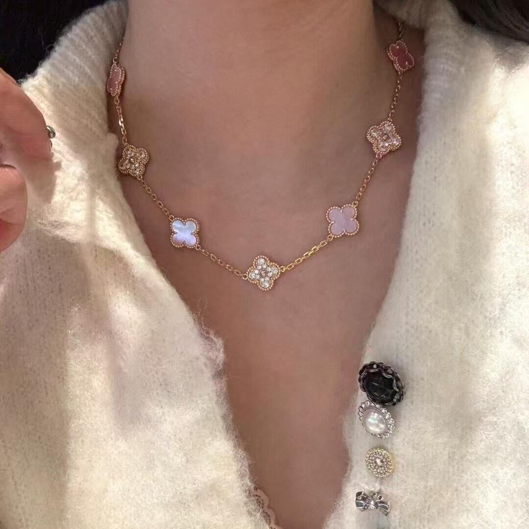 [RAFFINE]CLOVER 10 MOTIFS DIAMOND PINK MOP NECKLACE