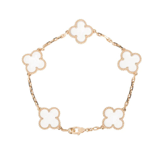 [RAFFINE] PULSERA DE ORO ROSA CON CRISTAL DE ROCA Y 5 MOTIVOS DE TRÉBOL