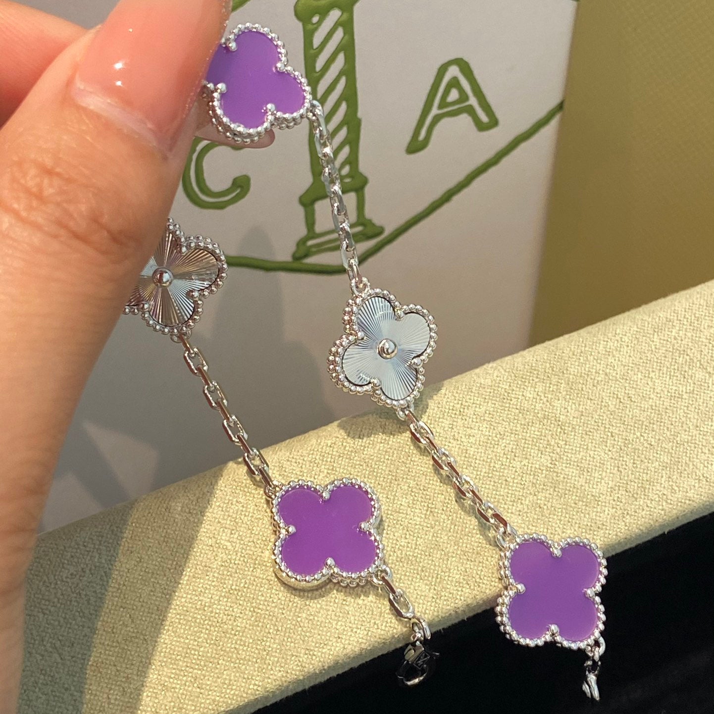 [RAFFINE]CLOVER  5 MOTIFS  PURPLE VIOLET BRACELET SILVER