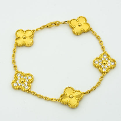 [RAFFINE]PULSERA TRÉBOL 5 MOTIVOS ORO DIAMANTE