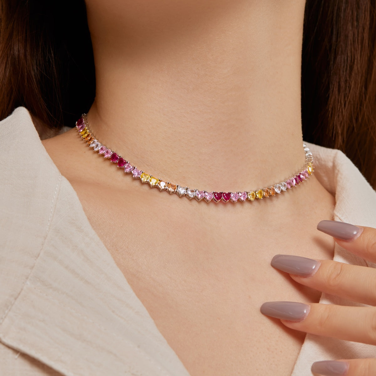 [RAFFINE]Sparkling Colorful Full Heart Tennis Necklace