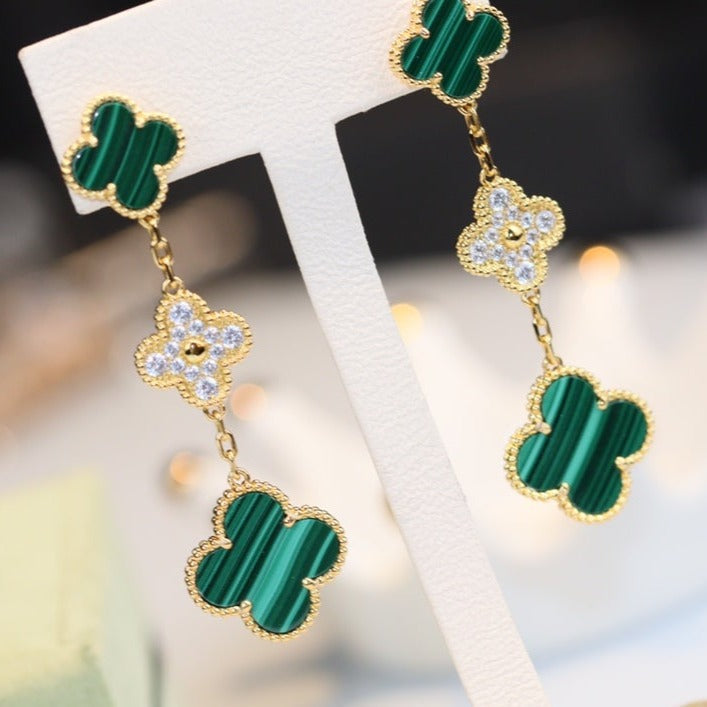 [RAFFINE]CLOVER EARRINGS GOLD MALACHITE DIAMOND 3 MOTIF