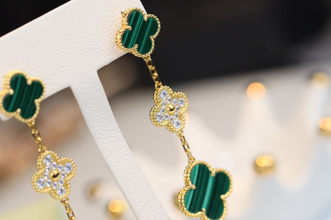 [RAFFINE]CLOVER EARRINGS GOLD MALACHITE DIAMOND 3 MOTIF