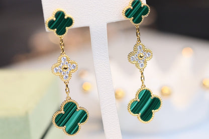 [RAFFINE]CLOVER EARRINGS GOLD MALACHITE DIAMOND 3 MOTIF