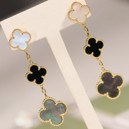 [RAFFINE]CLOVER EARRINGS GOLD ONYX MOP 3 MOTIF