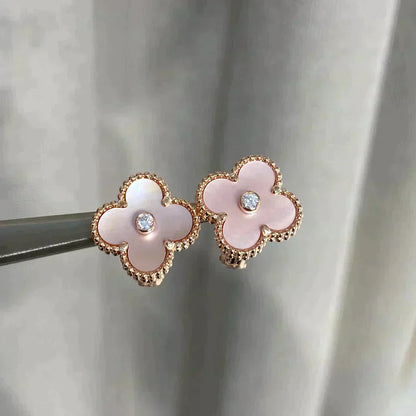 [RAFFINE]CLOVER MEDIUM 1 MOTIFS  PINK MOP DIAMOND EARRINGS