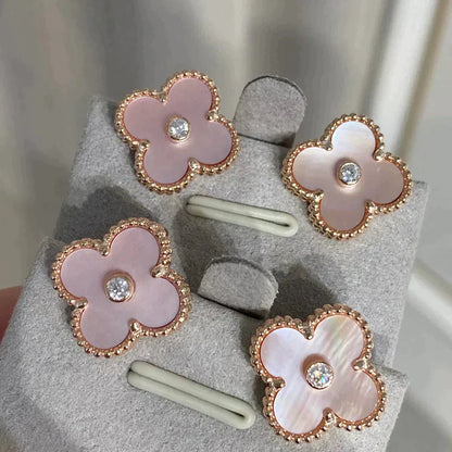 [RAFFINE]CLOVER MEDIUM 1 MOTIFS  PINK MOP DIAMOND EARRINGS