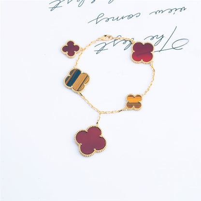 [RAFFINE]PULSERA DE TRÉBOL 5 MOTIVOS CORNALINA OJO DE TIGRE