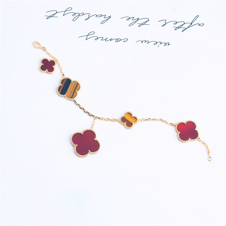 [RAFFINE]PULSERA DE TRÉBOL 5 MOTIVOS CORNALINA OJO DE TIGRE