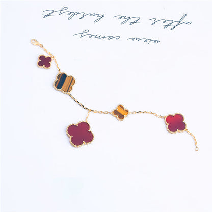 [RAFFINE]PULSERA DE TRÉBOL 5 MOTIVOS CORNALINA OJO DE TIGRE