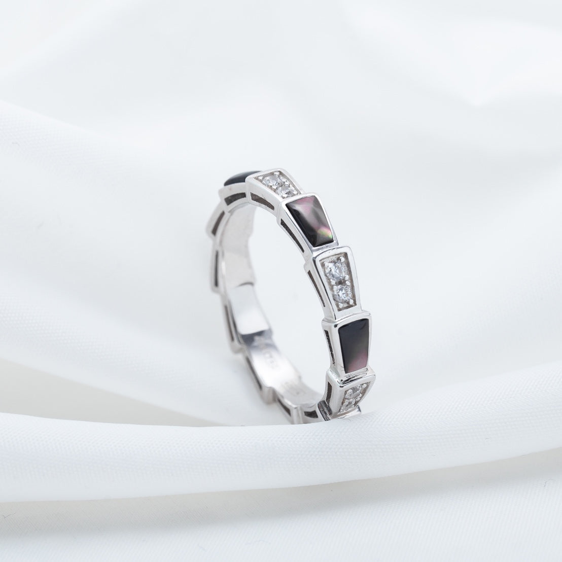 [RAFFINE]ANILLO SERPENTI PLATA DIAMANTE NEGRO MOP 3MM