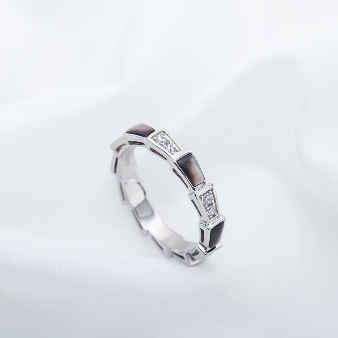 [RAFFINE]ANILLO SERPENTI PLATA DIAMANTE NEGRO MOP 3MM