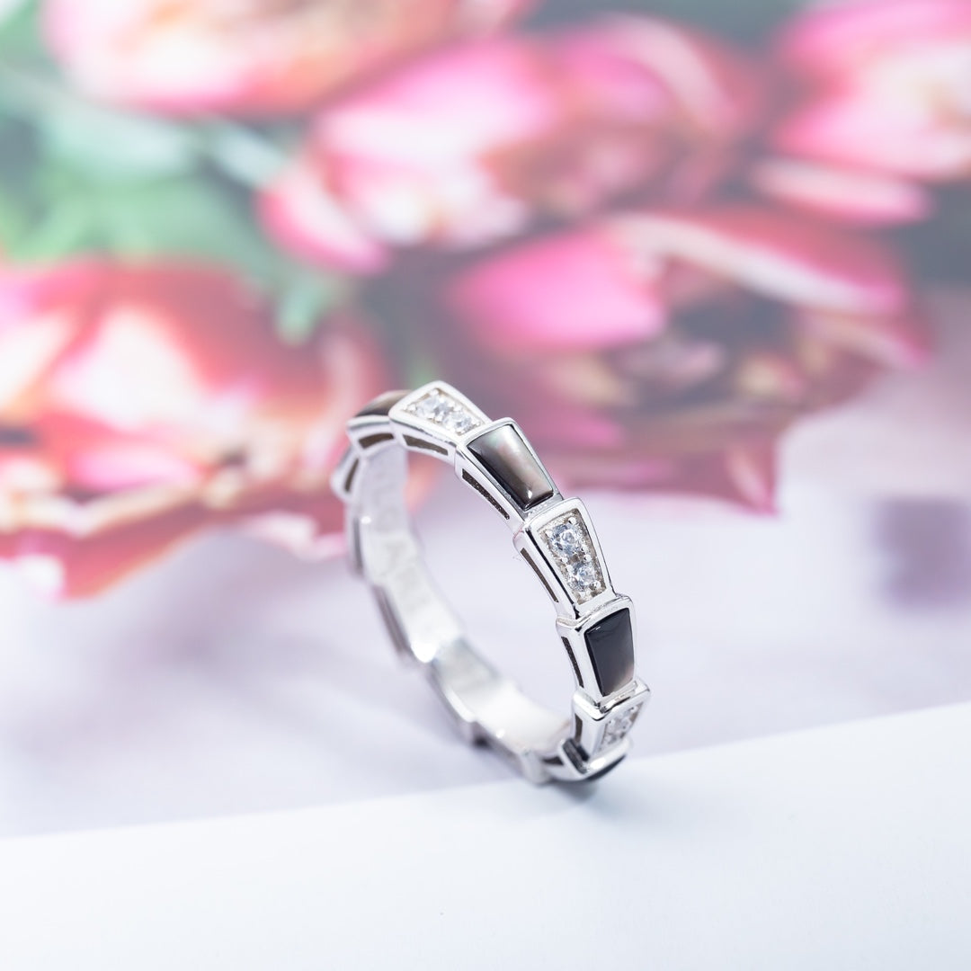 [RAFFINE]ANILLO SERPENTI PLATA DIAMANTE NEGRO MOP 3MM