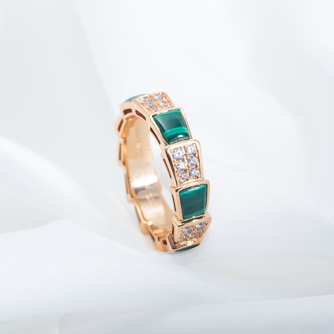 [RAFFINE]ANILLO SERPENTI ORO ROSA MALAQUITA PAVÉ DE DIAMANTES 4 MM