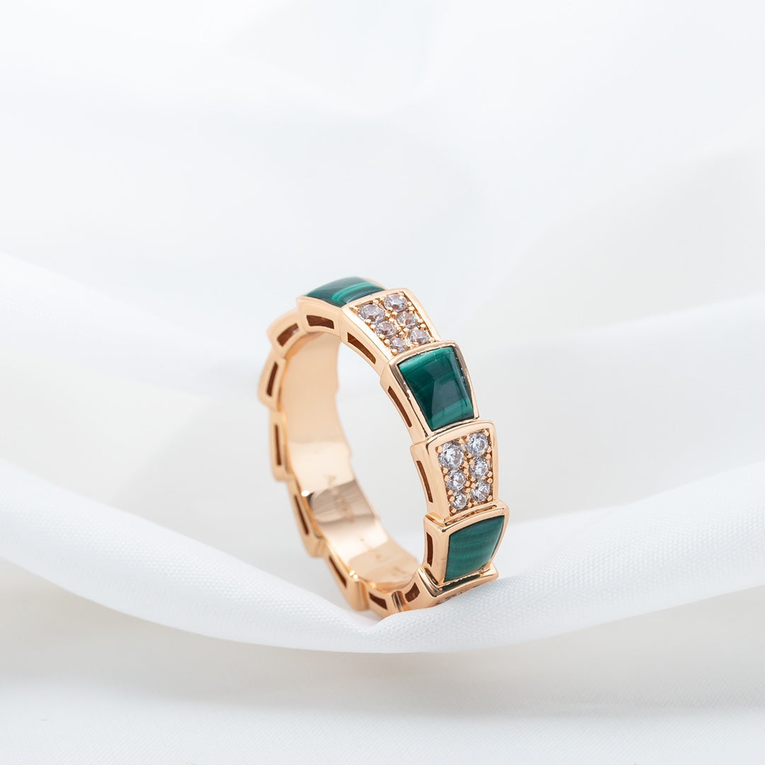 [RAFFINE]ANILLO SERPENTI ORO ROSA MALAQUITA PAVÉ DE DIAMANTES 4 MM