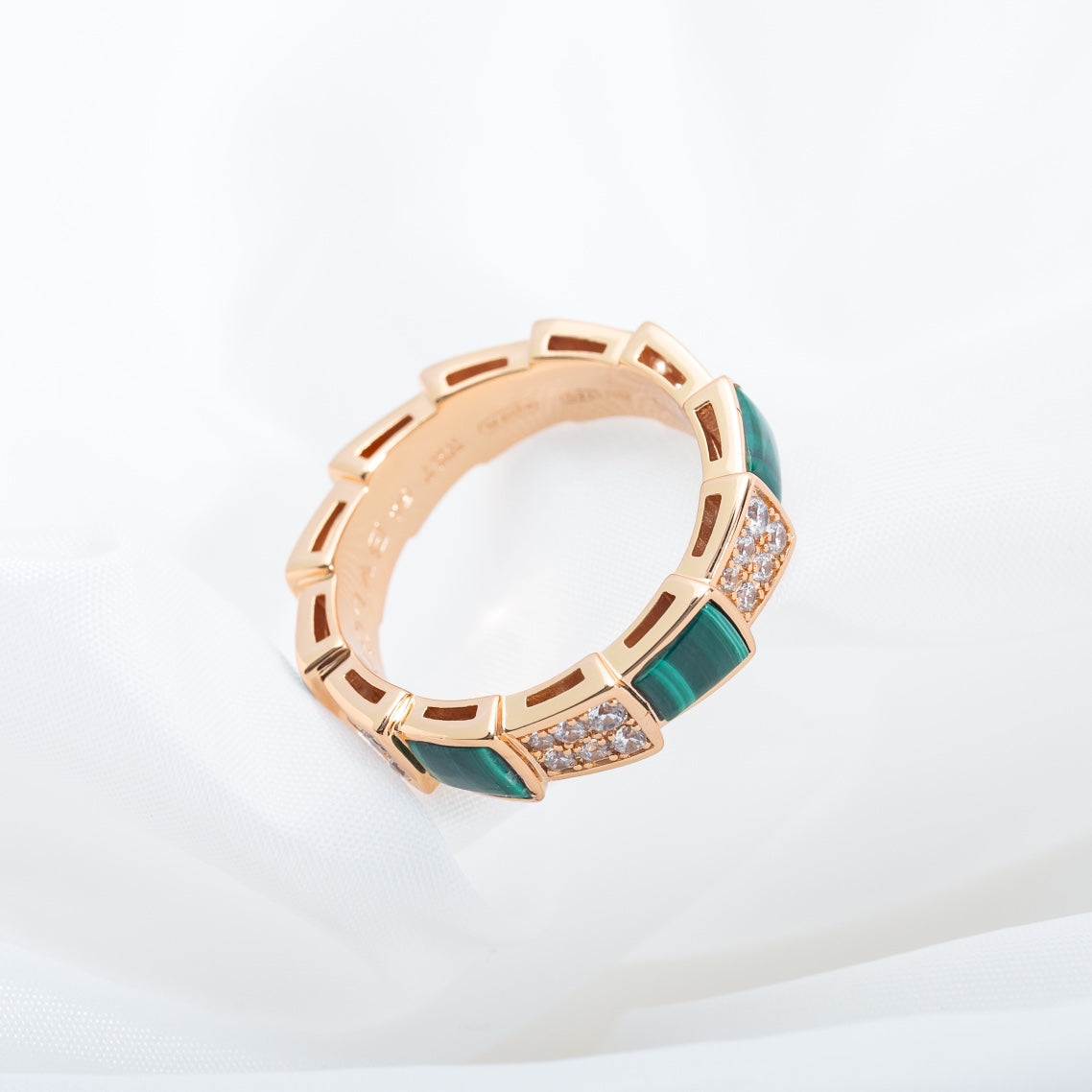 [RAFFINE]ANILLO SERPENTI ORO ROSA MALAQUITA PAVÉ DE DIAMANTES 4 MM