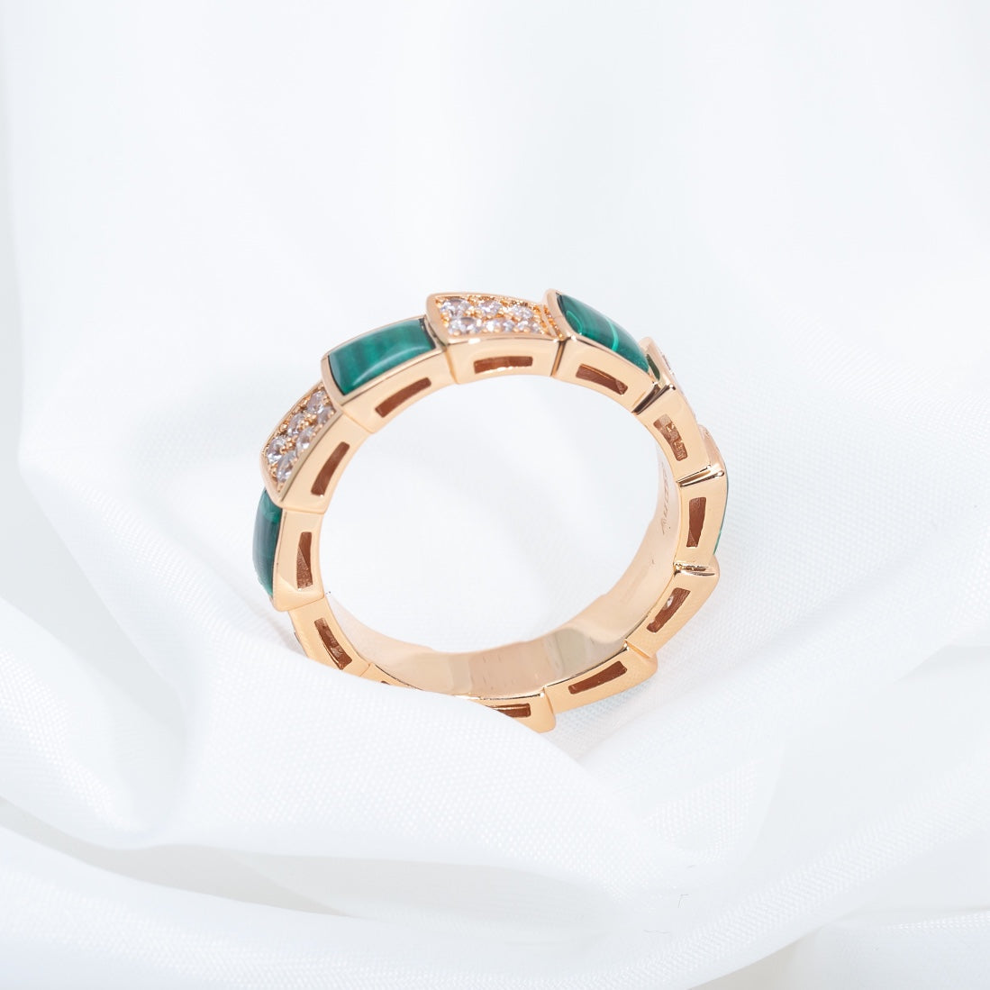 [RAFFINE]ANILLO SERPENTI ORO ROSA MALAQUITA PAVÉ DE DIAMANTES 4 MM