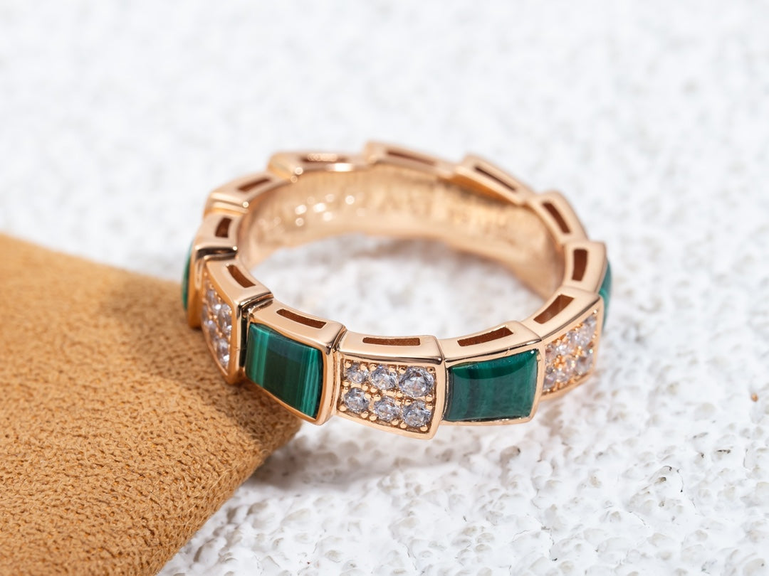 [RAFFINE]ANILLO SERPENTI ORO ROSA MALAQUITA PAVÉ DE DIAMANTES 4 MM