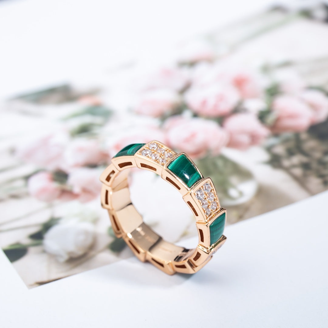 [RAFFINE]ANILLO SERPENTI ORO ROSA MALAQUITA PAVÉ DE DIAMANTES 4 MM