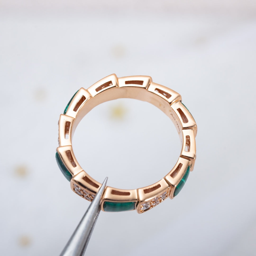 [RAFFINE]ANILLO SERPENTI ORO ROSA MALAQUITA PAVÉ DE DIAMANTES 4 MM