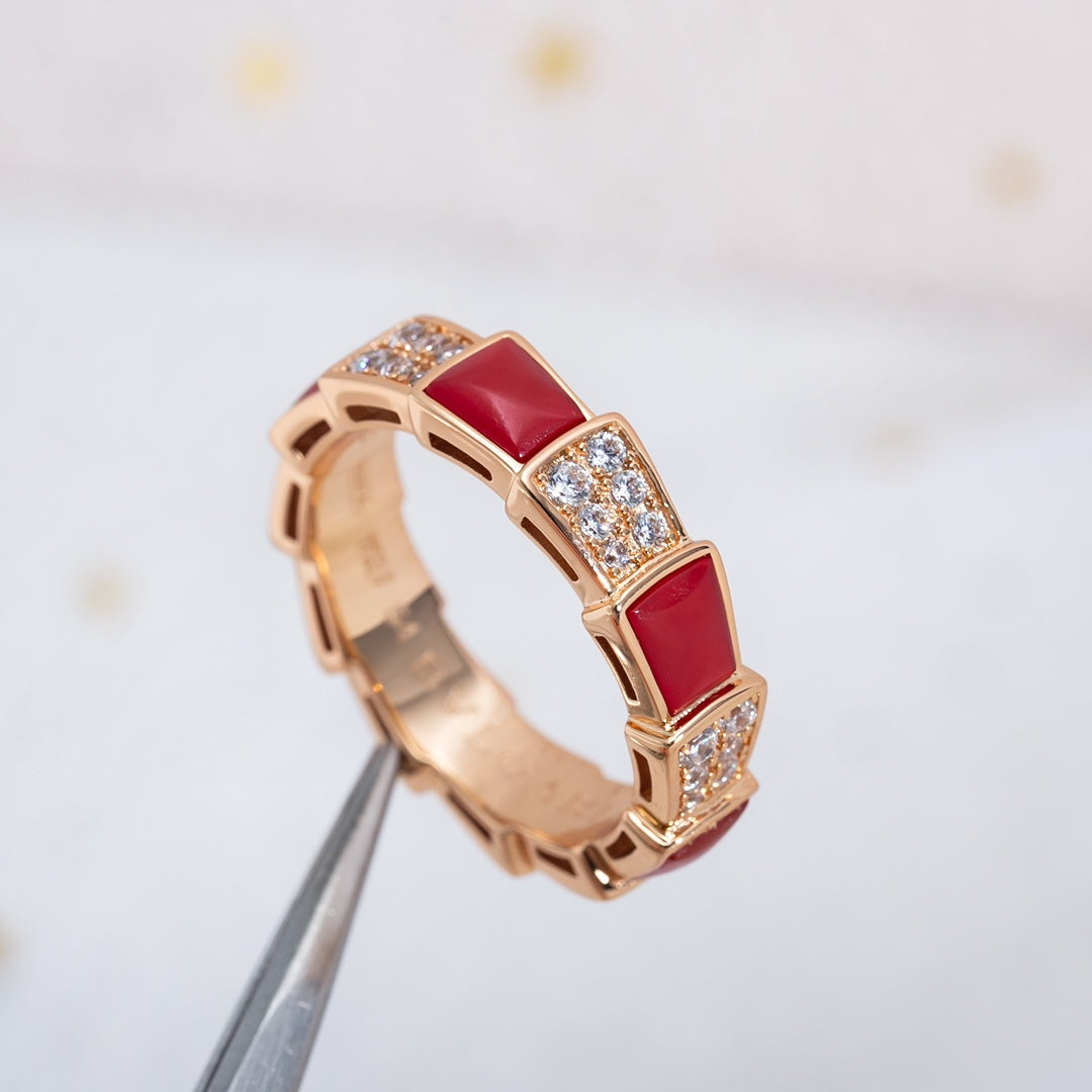 [RAFFINE]SERPENTI RING PINK GOLD CARNELIAN DIAMOND PAVED 4MM