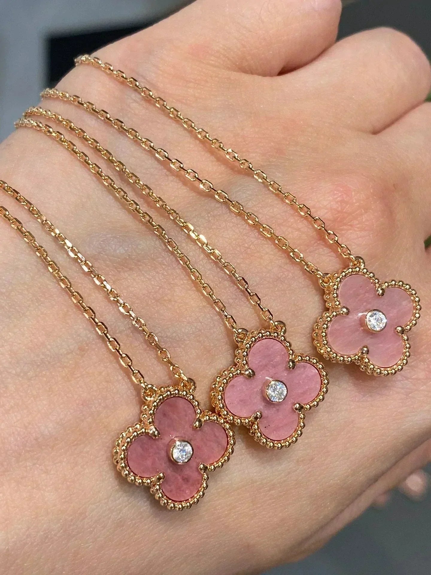 [RAFFINE]CLOVER 15MM DIAMOND RHODONITE NECKLACE