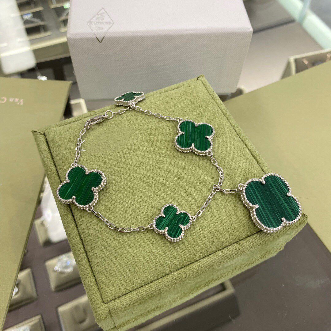 [RAFFINE]CLOVER 5 MOTIFS SIVLER MALACHITE BRACELET
