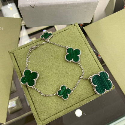 [RAFFINE]CLOVER 5 MOTIFS SIVLER MALACHITE BRACELET
