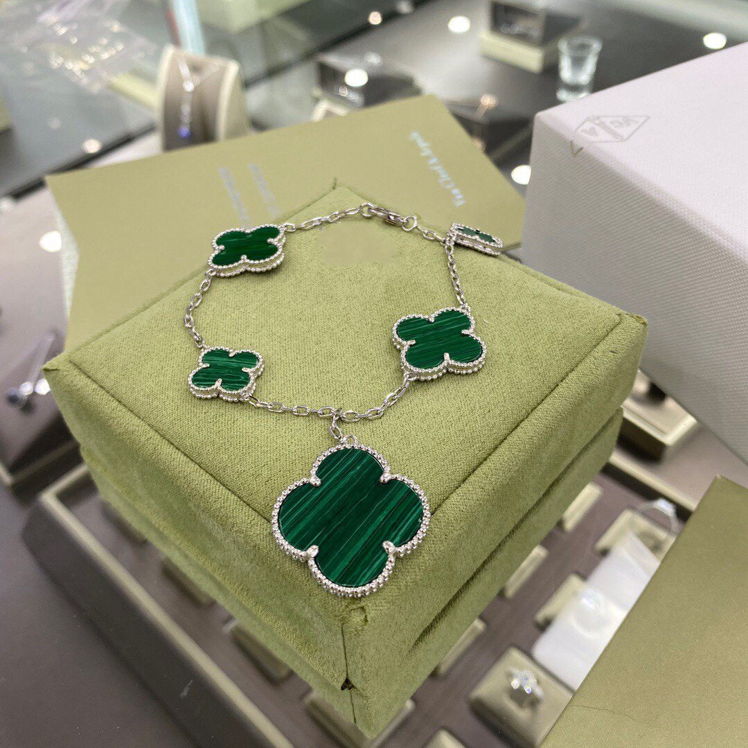 [RAFFINE]CLOVER 5 MOTIFS SIVLER MALACHITE BRACELET