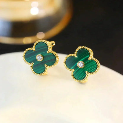 [RAFFINE]CLOVER MEDIUM 1 MOTIFS MALACHITE DIAMOND EARRINGS