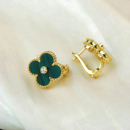 [RAFFINE]CLOVER MEDIUM 1 MOTIFS MALACHITE DIAMOND EARRINGS