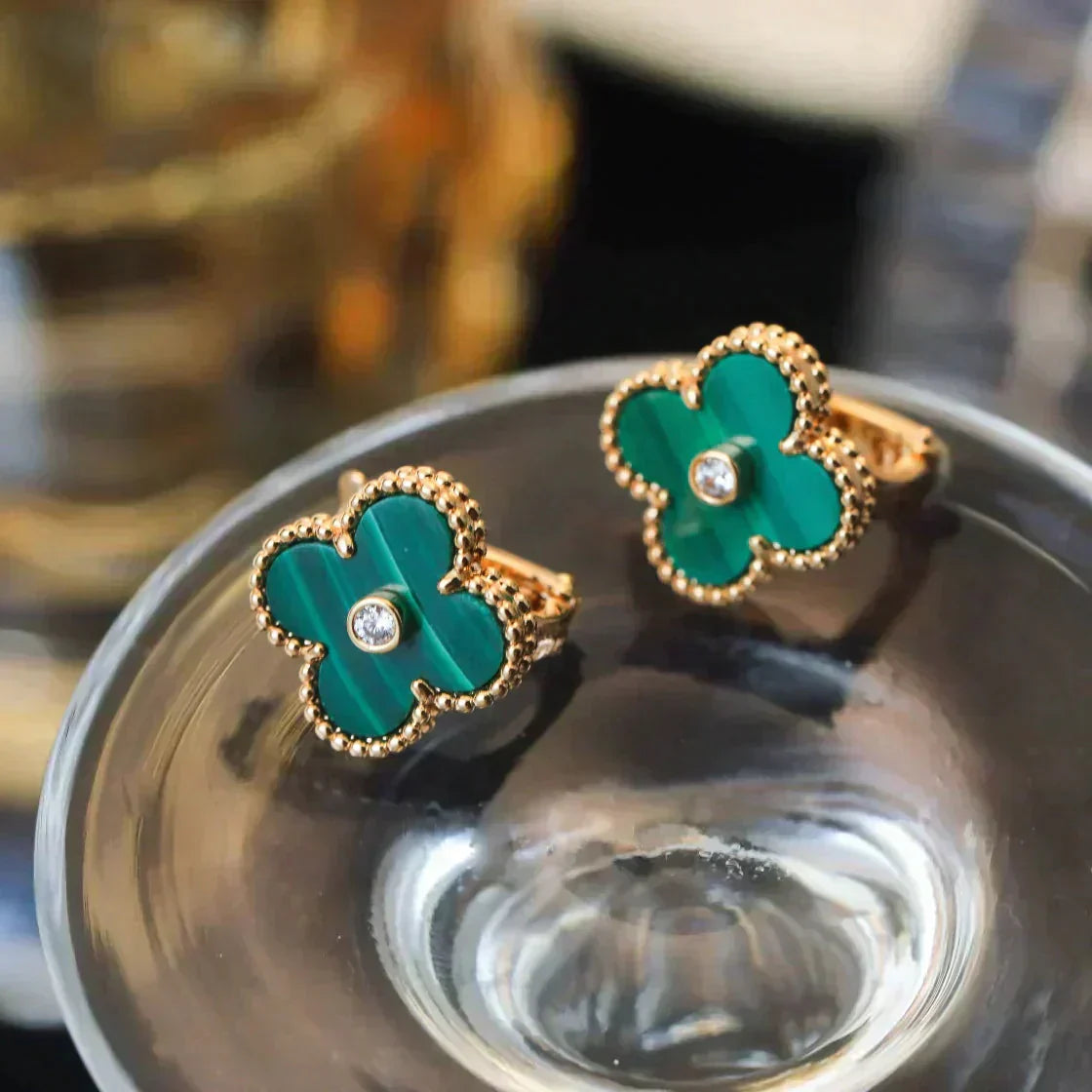 [RAFFINE]CLOVER MEDIUM 1 MOTIFS MALACHITE DIAMOND EARRINGS