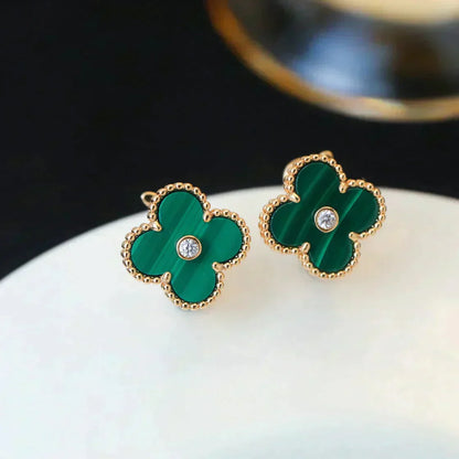 [RAFFINE]CLOVER MEDIUM 1 MOTIFS MALACHITE DIAMOND EARRINGS