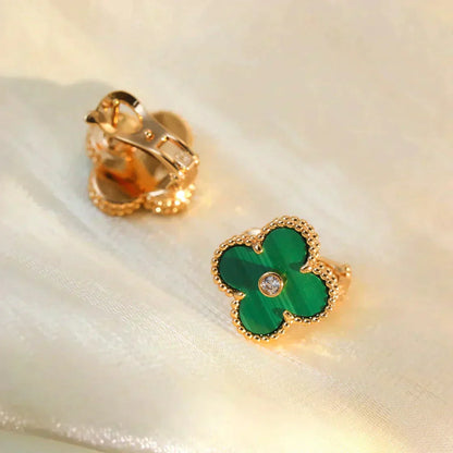 [RAFFINE]CLOVER MEDIUM 1 MOTIFS MALACHITE DIAMOND EARRINGS