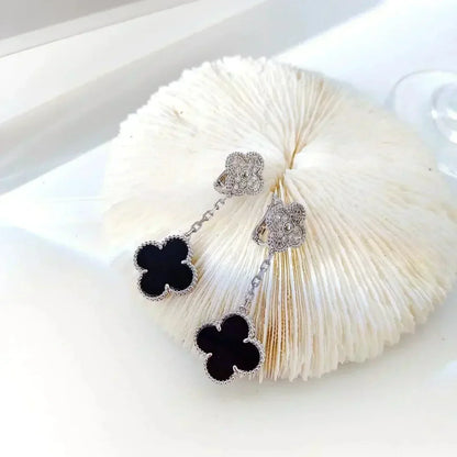 [RAFFINE]CLOVER 2 MOTIFS  DIAMOND ONYX EARRINGS SILVER