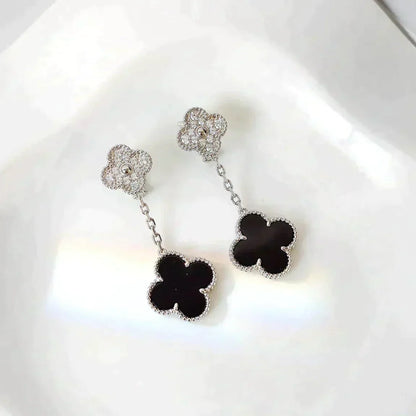 [RAFFINE]CLOVER 2 MOTIFS  DIAMOND ONYX EARRINGS SILVER