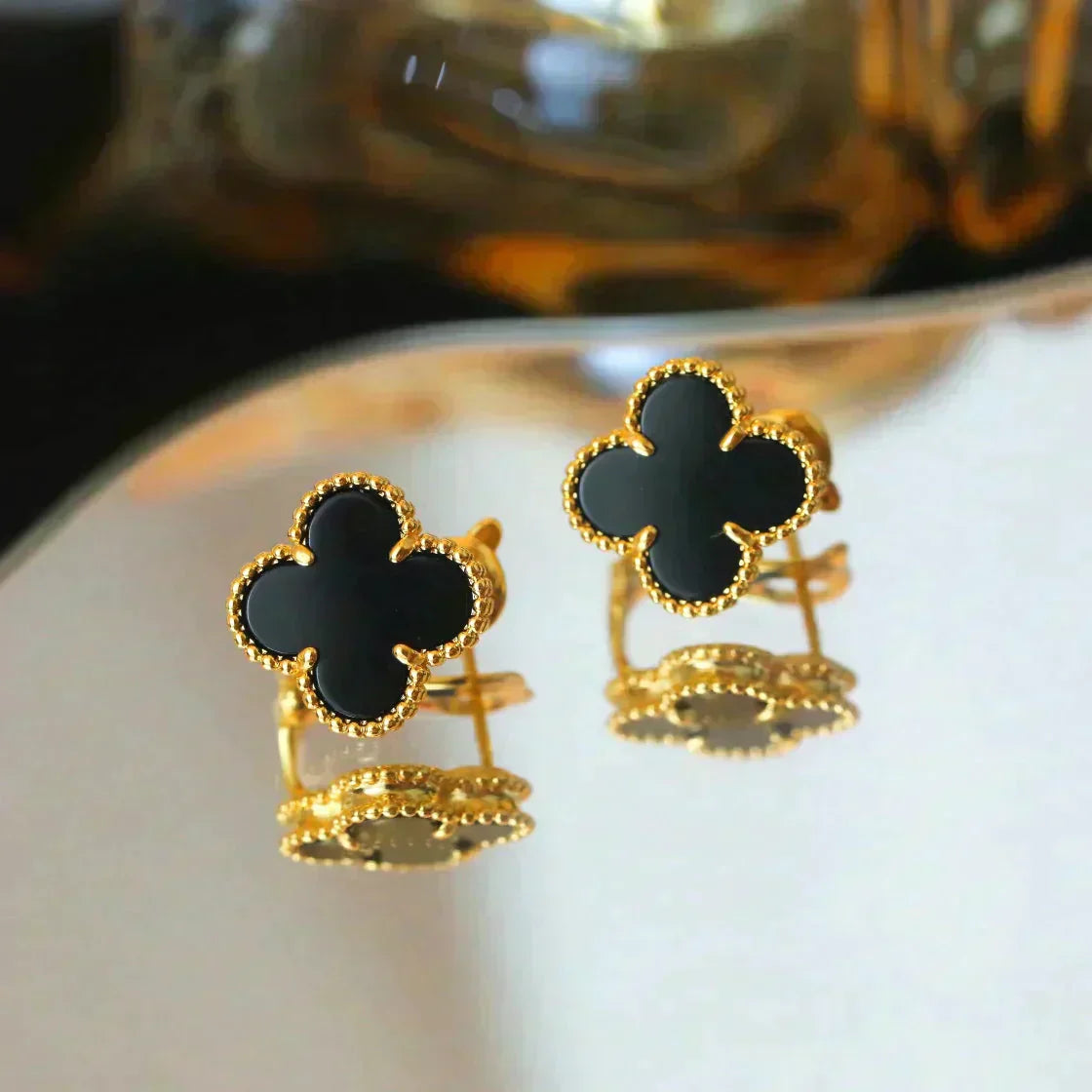 [RAFFINE]CLOVER MEDIUM 1 MOTIFS  ONYX STUD EARRINGS