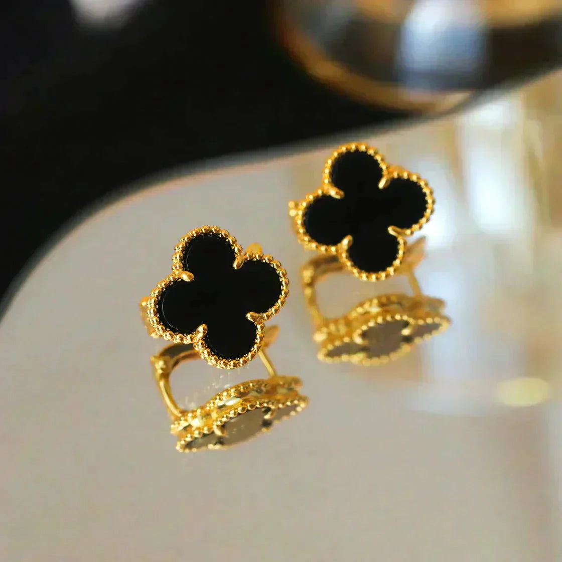 [RAFFINE]CLOVER MEDIUM 1 MOTIFS  ONYX STUD EARRINGS