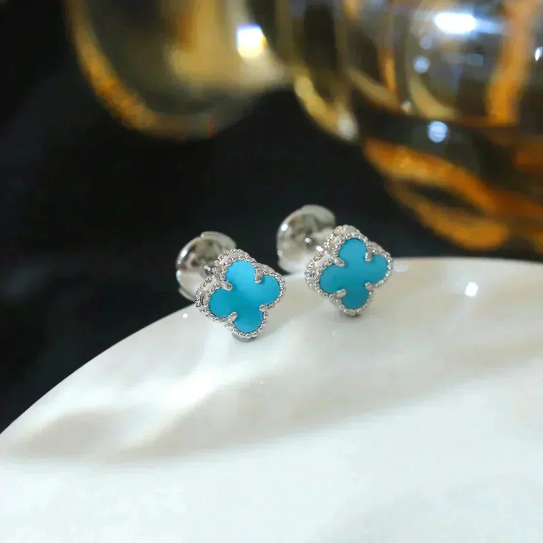 [RAFFINE]CLOVER MINI 9.5MM ONYX STUD EARRINGS SILVER