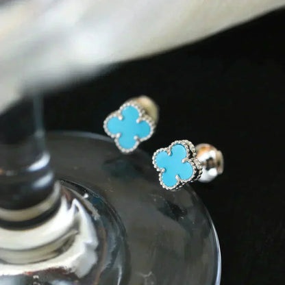 [RAFFINE]CLOVER MINI 9.5MM ONYX STUD EARRINGS SILVER