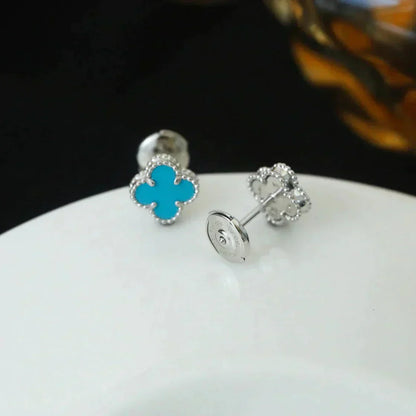 [RAFFINE]CLOVER MINI 9.5MM ONYX STUD EARRINGS SILVER