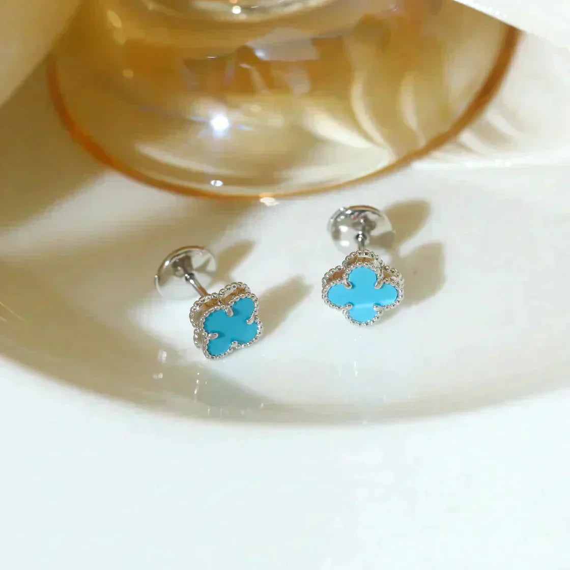 [RAFFINE]CLOVER MINI 9.5MM ONYX STUD EARRINGS SILVER