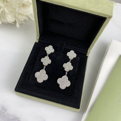 [RAFFINE] PENDIENTES DE PLATA CON 3 MOTIVOS DE TRÉBOL Y DIAMANTES