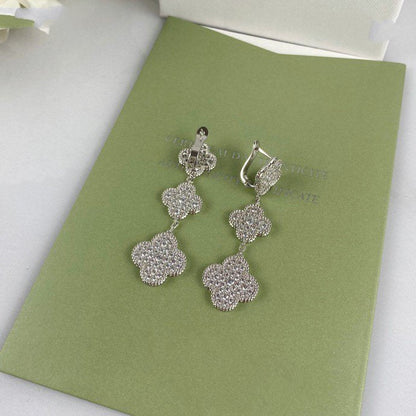 [RAFFINE] PENDIENTES DE PLATA CON 3 MOTIVOS DE TRÉBOL Y DIAMANTES