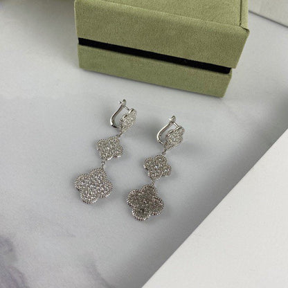 [RAFFINE] PENDIENTES DE PLATA CON 3 MOTIVOS DE TRÉBOL Y DIAMANTES