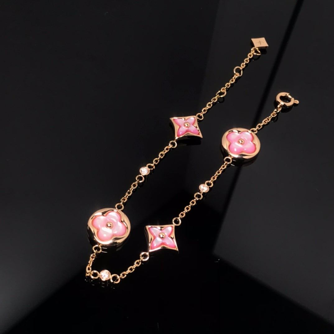 [RAFFINE]STAR AND SUN 4 MOTIF PINK MOP PINK GOLD BRACELET